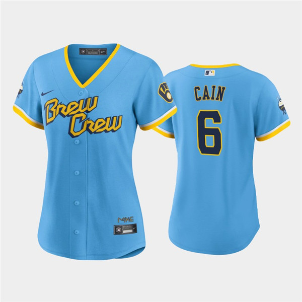 Women's Milwaukee Brewers #6 Lorenzo Cain 2022 Powder Blue City Connect Cool Base Stitched Jersey
