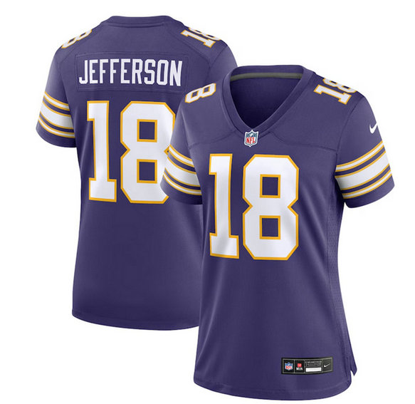 Women's Minnesota Vikings #18 Justin Jefferson Purple 2023 Stitched Game Jersey