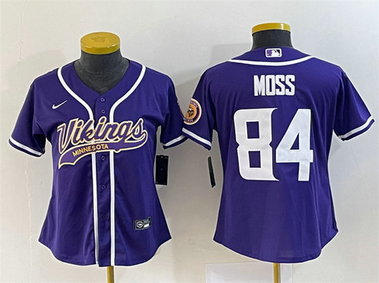 Women's Minnesota Vikings #84 Randy Moss Purple With Patch Cool Base Stitched Baseball Jersey