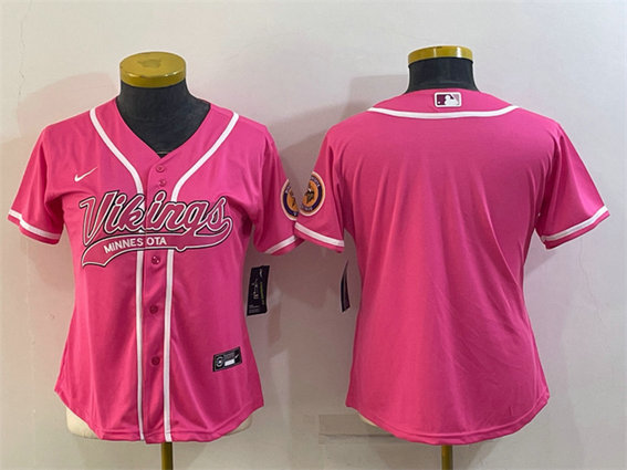 Women's Minnesota Vikings Blank Pink With Patch Cool Base Stitched Baseball Jersey(Run Small)