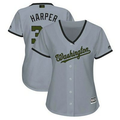 Women's Nationals #34 Bryce Harper Grey 2018 Memorial Day Cool Base Women's Stitched Baseball Jersey