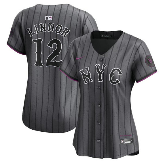 Women's New York Mets #12 Francisco Lindor Graphite 2024 City Connect Limited Stitched Baseball Jersey