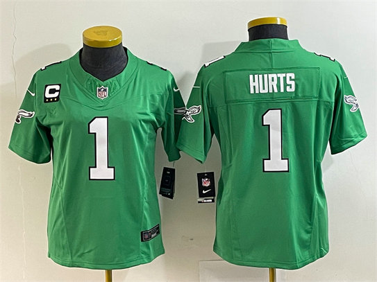 Women's Philadelphia Eagles #1 Jalen Hurts Green 2023 F.U.S.E. With C Patch Stitched Football Jersey