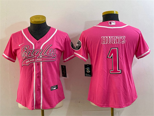 Women's Philadelphia Eagles #1 Jalen Hurts Pink Cool Base Stitched Baseball Jersey