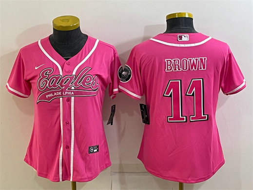 Women's Philadelphia Eagles #11 A. J. Brown Pink With Patch Cool Base Stitched Baseball Jersey