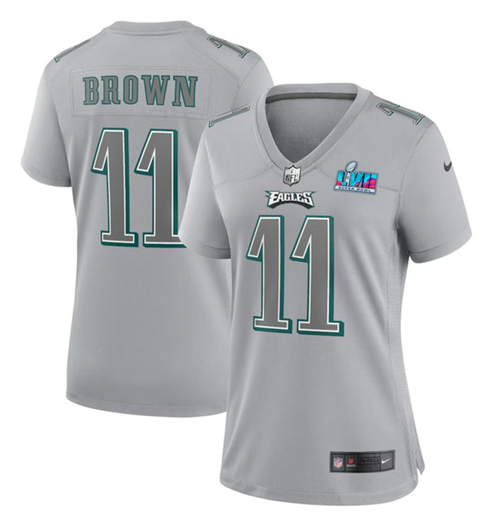 Women's Philadelphia Eagles #11 A.J. Brown Grey Super Bowl LVII Patch Atmosphere Fashion Stitched Game Jersey
