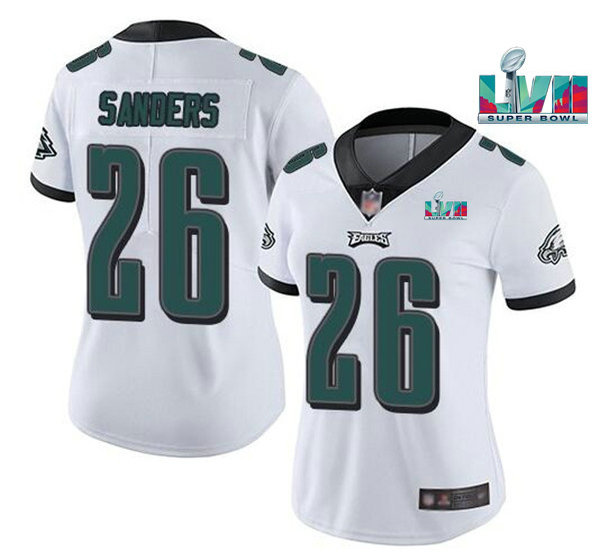 Women's Philadelphia Eagles #26 Miles Sanders White Super Bolw LVII Patch Vapor Untouchable Limited Stitched Football Jersey
