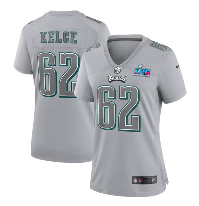 Women's Philadelphia Eagles #62 Jason Kelce Grey Super Bowl LVII Patch Atmosphere Fashion Stitched Game Jersey