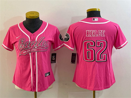 Women's Philadelphia Eagles #62 Jason Kelce Pink Cool Base Stitched Baseball Jersey