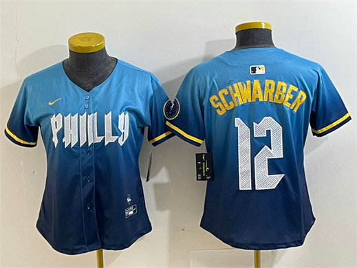 Women's Philadelphia Phillies #12 Kyle Schwarber Blue 2024 City Connect Limited Stitched Baseball Jersey