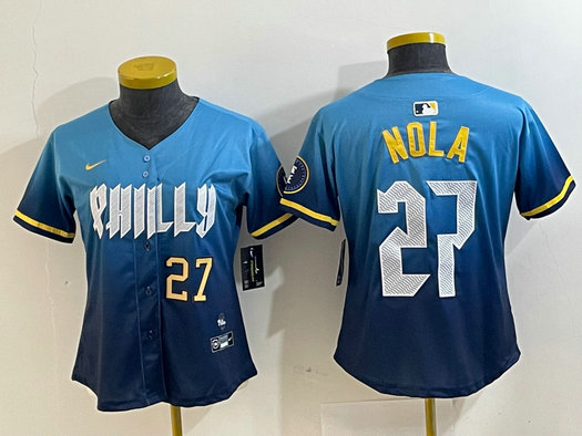 Women's Philadelphia Phillies #27 Aaron Nola Blue 2024 City Connect Limited Stitched Baseball Jersey 1