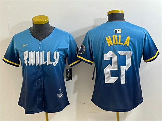 Women's Philadelphia Phillies #27 Aaron Nola Blue 2024 City Connect Limited Stitched Baseball Jersey