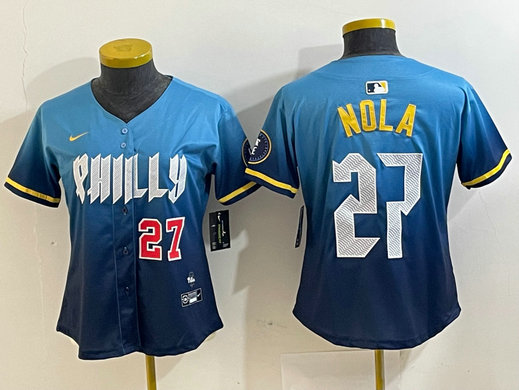 Women's Philadelphia Phillies #27 Aaron Nola Blue 2024 City Connect Limited Stitched Baseball Jersey 2