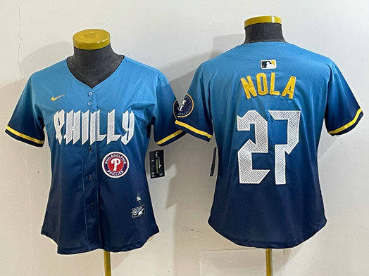 Women's Philadelphia Phillies #27 Aaron Nola Blue 2024 City Connect Limited Stitched Baseball Jersey 3