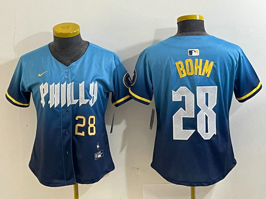 Women's Philadelphia Phillies #28 Alec Bohm Blue 2024 City Connect Limited Stitched Baseball Jersey 2