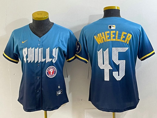 Women's Philadelphia Phillies #45 Zack Wheeler Blue 2024 City Connect Limited Stitched Baseball Jersey 1