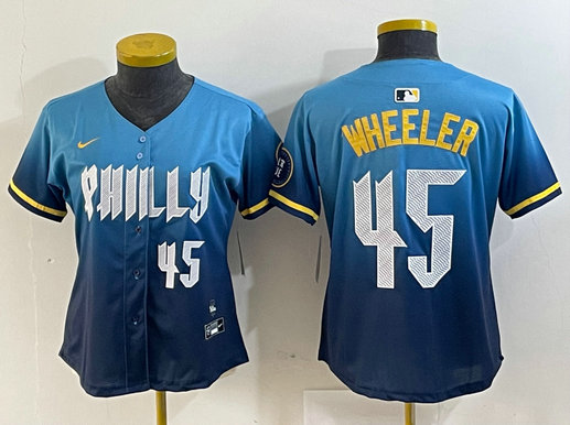 Women's Philadelphia Phillies #45 Zack Wheeler Blue 2024 City Connect Limited Stitched Baseball Jersey 2
