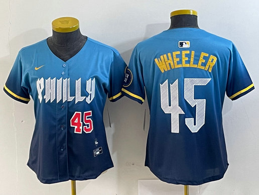 Women's Philadelphia Phillies #45 Zack Wheeler Blue 2024 City Connect Limited Stitched Baseball Jersey 5