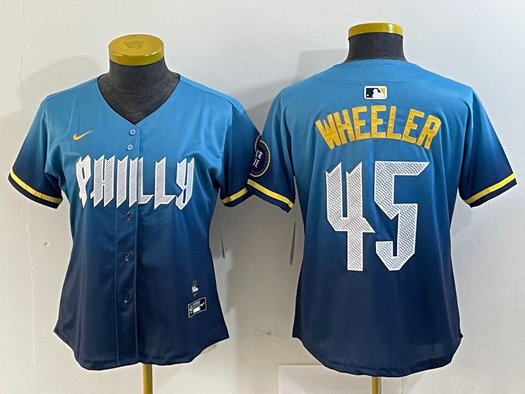 Women's Philadelphia Phillies #45 Zack Wheeler Blue 2024 City Connect Limited Stitched Baseball Jersey 6