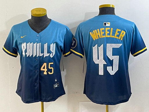 Women's Philadelphia Phillies #45 Zack Wheeler Blue 2024 City Connect Limited Stitched Baseball Jersey 7