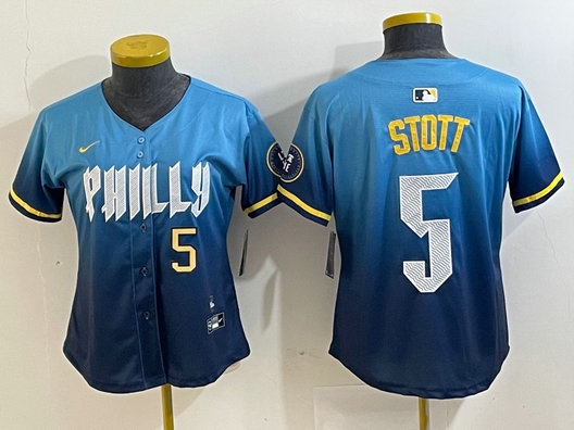 Women's Philadelphia Phillies #5 Bryson Stott Blue 2024 City Connect Limited Stitched Baseball Jersey 1