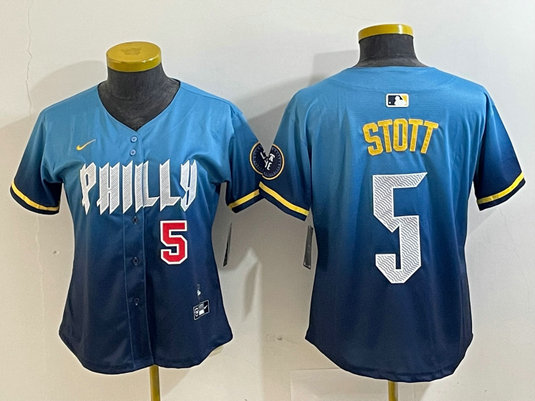 Women's Philadelphia Phillies #5 Bryson Stott Blue 2024 City Connect Limited Stitched Baseball Jersey 4