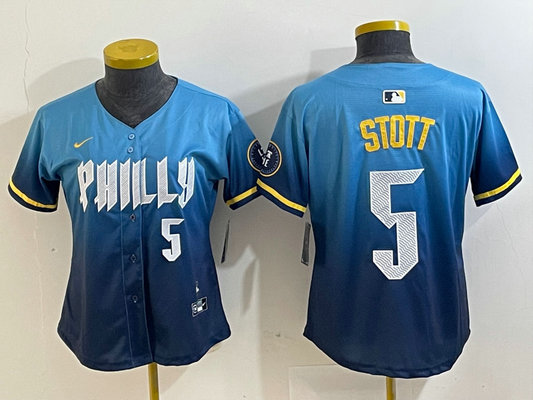 Women's Philadelphia Phillies #5 Bryson Stott Blue 2024 City Connect Limited Stitched Baseball Jersey 6