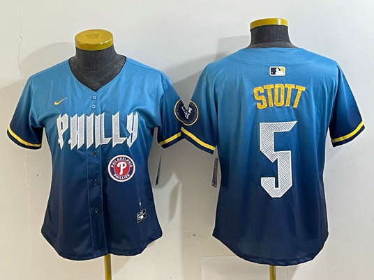 Women's Philadelphia Phillies #5 Bryson Stott Blue 2024 City Connect Limited Stitched Baseball Jersey 8