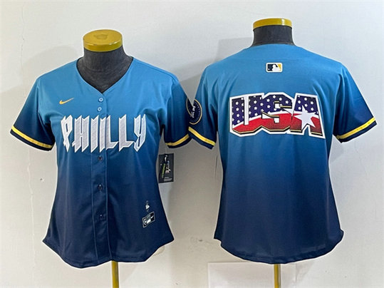 Women's Philadelphia Phillies Team Big Logo Blue 2024 City Connect Limited Stitched Baseball Jersey 1