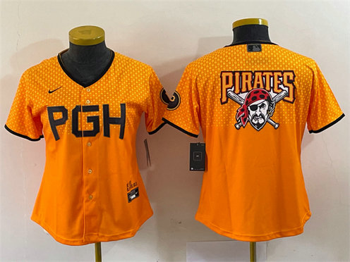 Women's Pittsburgh Pirates Gold 2023 City Connect Team Big Logo Stitched Jersey