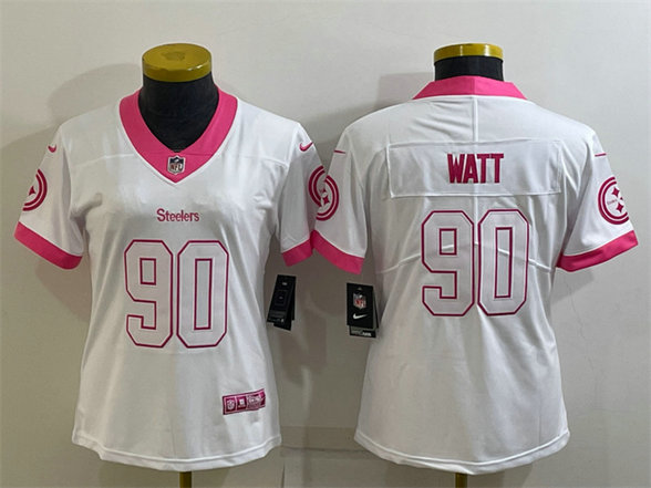 Women's Pittsburgh Steelers #90 T. J. Watt White Pink Vapor Untouchaable Limited Stitched Jersey