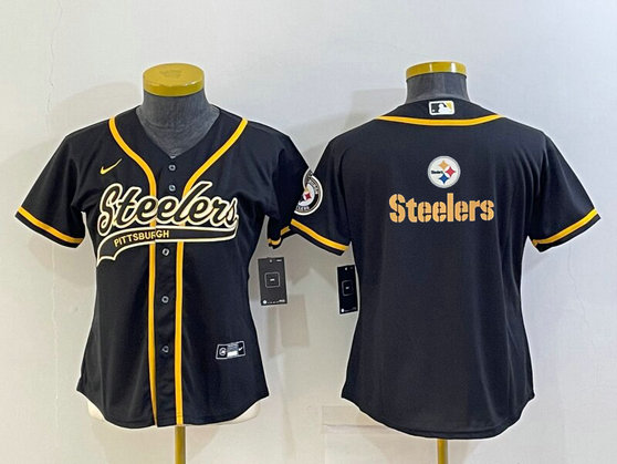 Women's Pittsburgh Steelers Black Team Big Logo With Patch Cool Base Stitched Baseball Jersey