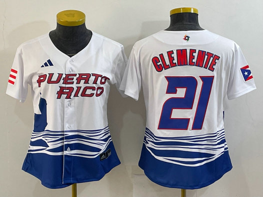 Women's Puerto Rico Baseball #21 Roberto Clemente 2023 White World Baseball Classic Stitched Jersey