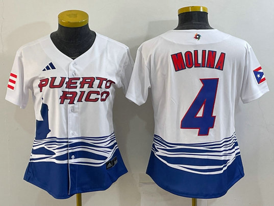 Women's Puerto Rico Baseball #4 Yadier Molina 2023 White World Baseball Classic Stitched Jersey