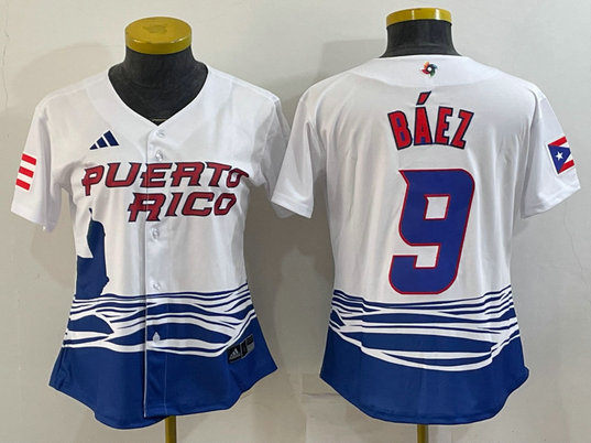 Women's Puerto Rico Baseball #9 Javier Báez 2023 White World Baseball Classic Stitched Jersey