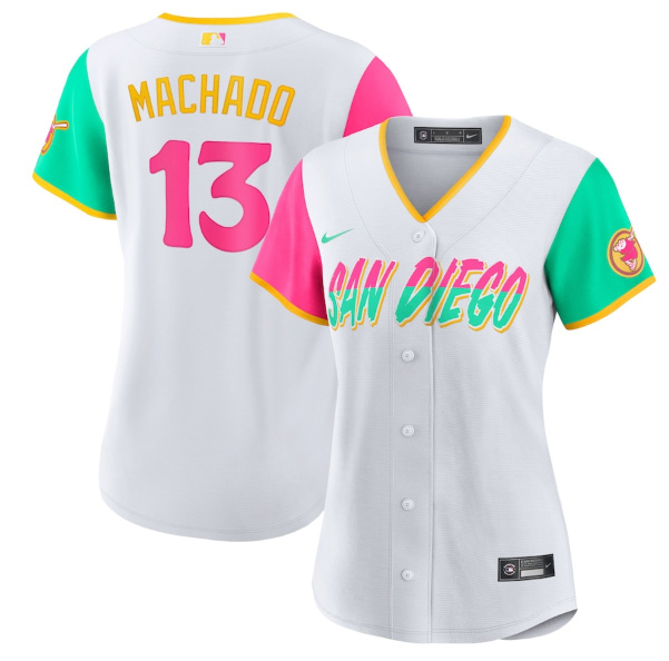 Women's San Diego Padres #13 Manny Machado 2022 White City Connect Cool Base Stitched