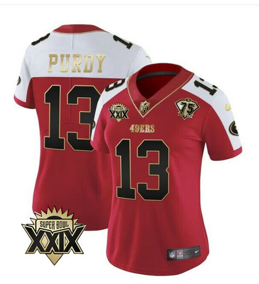 Women's San Francisco 49ers #13 Brock Purdy Red White Super Bowl XXIX Patch And 75th Anniversary Patch Stitched Game Jersey