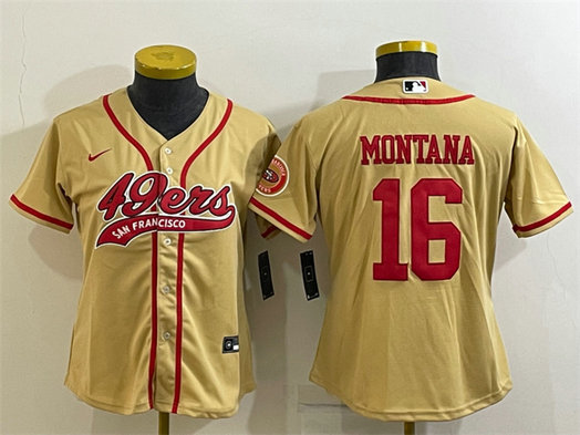 Women's San Francisco 49ers #16 Joe Montana Gold With Patch Cool Base Stitched Baseball Jersey