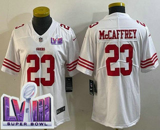Women's San Francisco 49ers #23 Christian McCaffrey Limited White LVIII Super Bowl Vapor Jersey