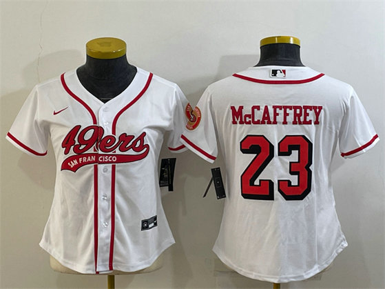 Women's San Francisco 49ers #23 Christian McCaffrey New White With Patch Cool Base Stitched Baseball Jersey