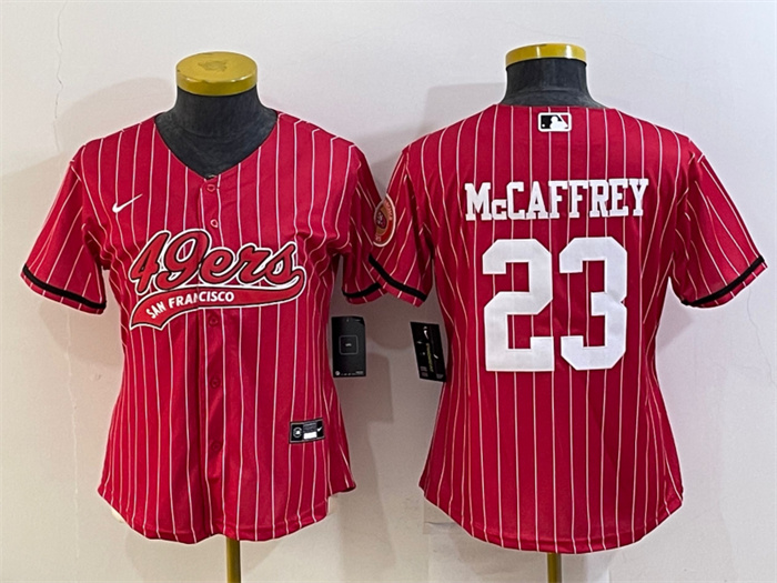 Women's San Francisco 49ers #23 Christian McCaffrey Red With Patch Cool Base Stitched Baseball Jersey
