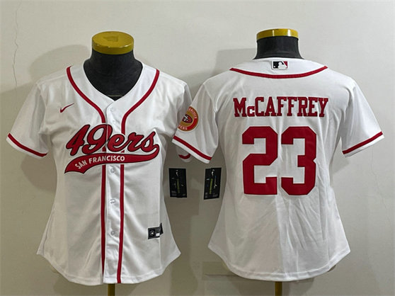 Women's San Francisco 49ers #23 Christian McCaffrey White With Patch Cool Base Stitched Baseball Jersey