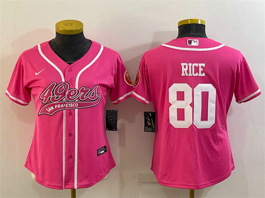 Women's San Francisco 49ers #80 Jerry Rice Pink With Patch Cool Base Stitched Baseball Jersey