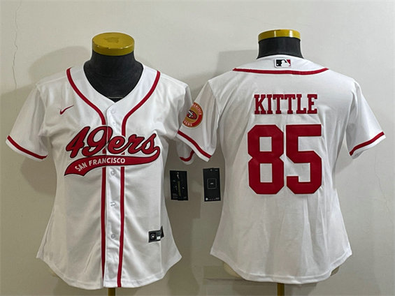 Women's San Francisco 49ers #85 George Kittle White With Patch Cool Base Stitched Baseball Jersey