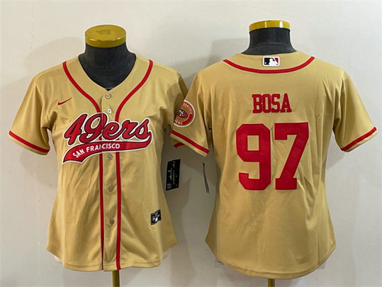 Women's San Francisco 49ers #97 Nick Bosa Gold With Patch Cool Base Stitched Baseball Jersey