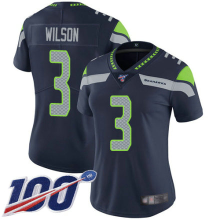 Women's Seattle Seahawks #3 Russell Wilson Navy Blue Team Color Vapor Untouchable Limited Player 100th Season Football Jersey