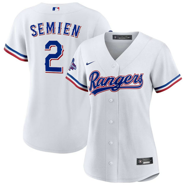 Women's Texas Rangers #2 Marcus Semien White 2023 World Series Champions Stitched Baseball Jersey