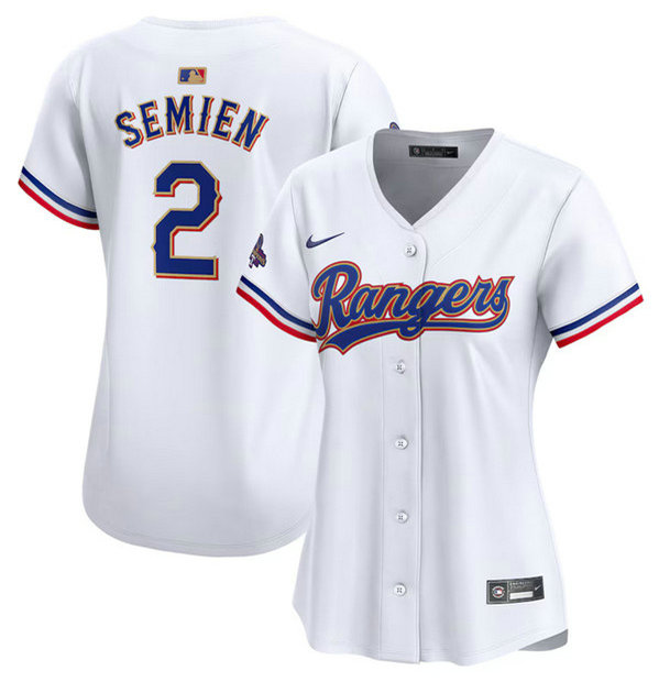 Women's Texas Rangers #2 Marcus Semien White 2024 Gold Collection Stitched Baseball Jersey