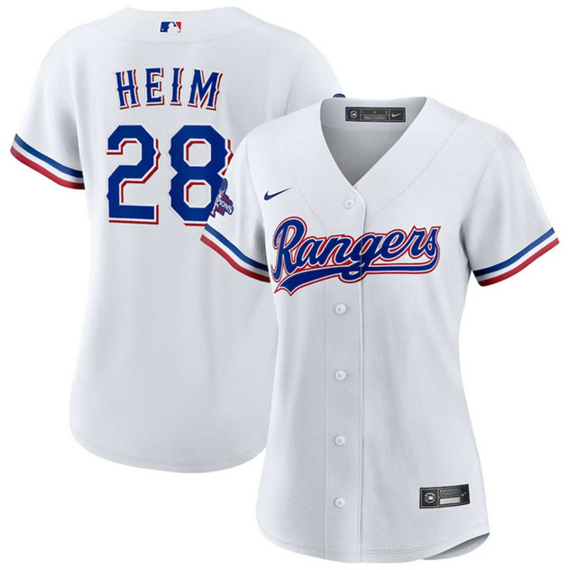 Women's Texas Rangers #28 Jonah Heim White 2023 World Series Champions Stitched Baseball Jersey