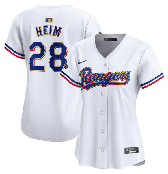 Women's Texas Rangers #28 Jonah Heim White 2024 Gold Collection Stitched Baseball Jersey
